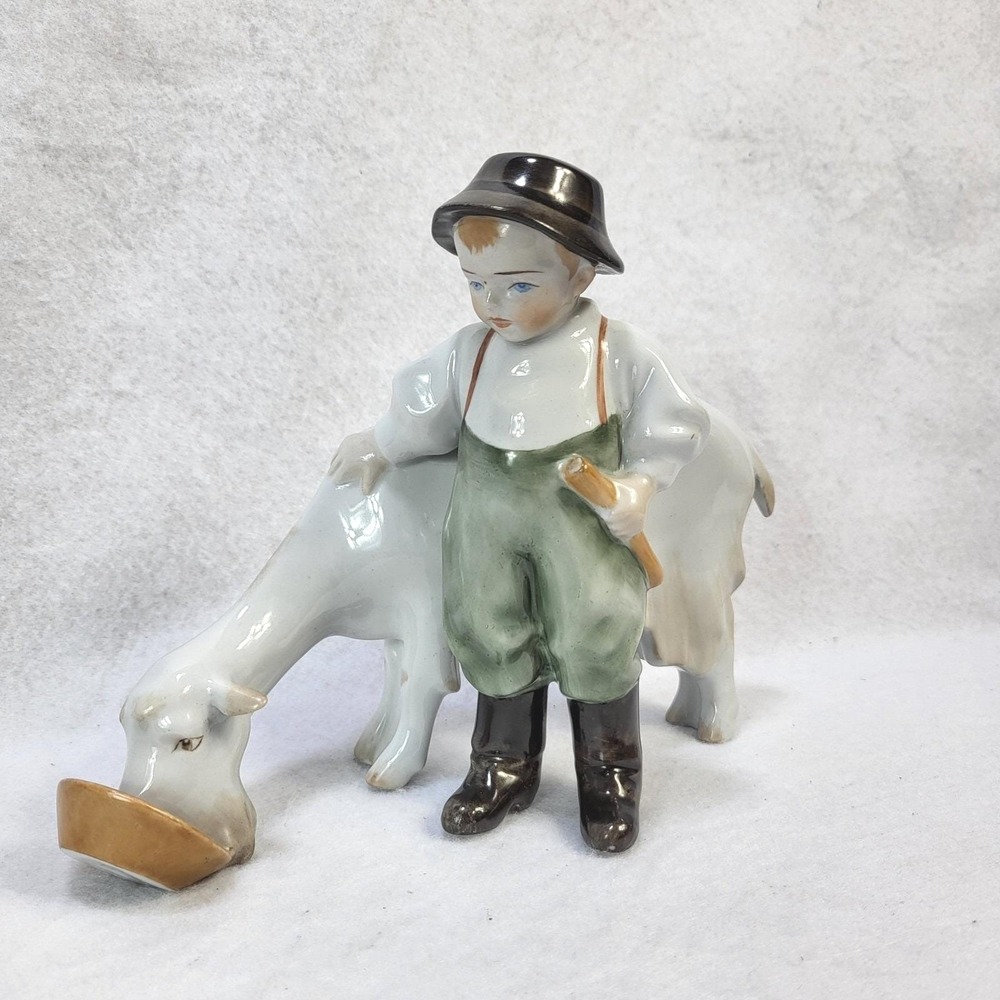 Zsolnay Pecs Young Boy Feeding his Goat Hungary Porcelain Figurine Andras Sinko‎